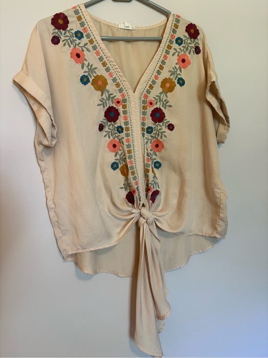 entro Tops - entro Cream Tie-Front Blouse with Multicolor Floral Embroidery